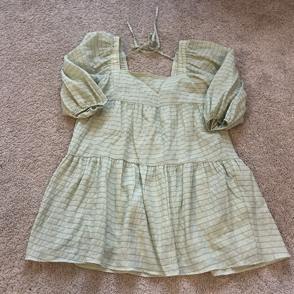 Women's Solai Mint Green Tie Back Tiered Lined Balloon Sleeve Short Dress Medium